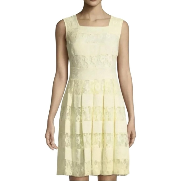 KARL LAGERFELD Butter Yellow Fit Flare Lace Mini Dress Sz 6 - Picture 1 of 5